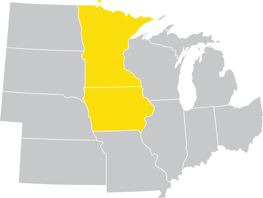 Map of Midwest with Minnesota and Iowa highlighted.